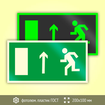 Знак E12 «Направление к эвакуационному выходу прямо (левосторонний)» (фотолюминесцентный пластик ГОСТ 34428-2018, 200х100 мм)